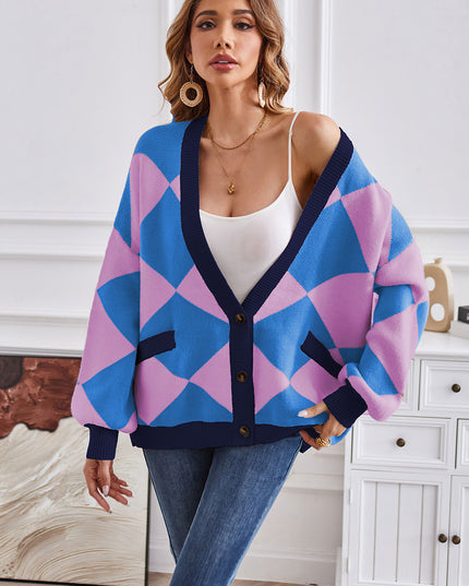 Geometric Lantern Sleeve Cardigan with Pockets Cobalt Blue