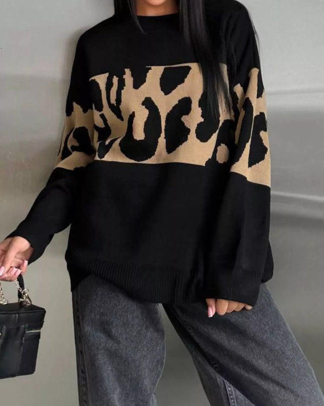 Leopard Color Block Round Neck Sweater