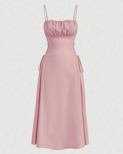 Ruched Midi Cami Dress with Side Tie Details Pink