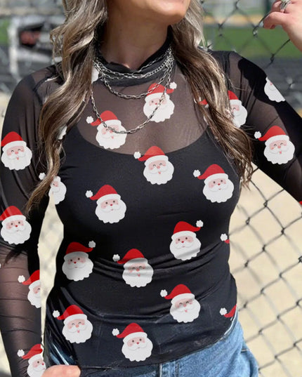 Christmas Santa Print Mesh Long Sleeve Top Black
