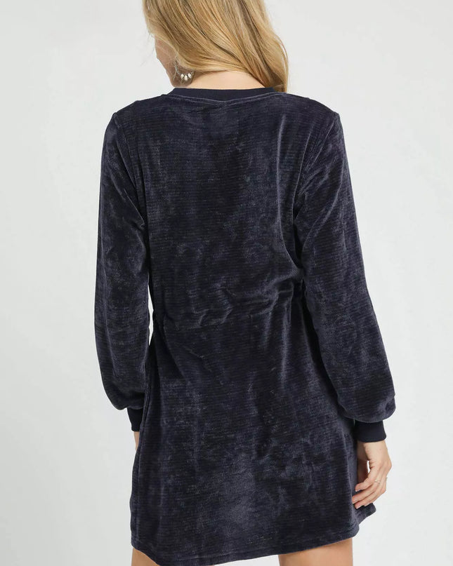 Umgee Velour Drawstring Mini Dress with Long Sleeves