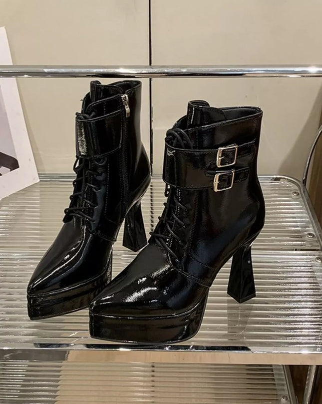 Lace Up Block Heels Boots