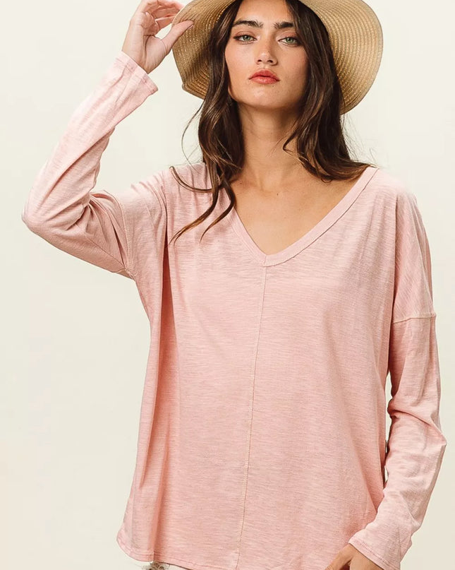 BiBi Exposed Seam V-Neck Long Sleeve T-Shirt BLUSH