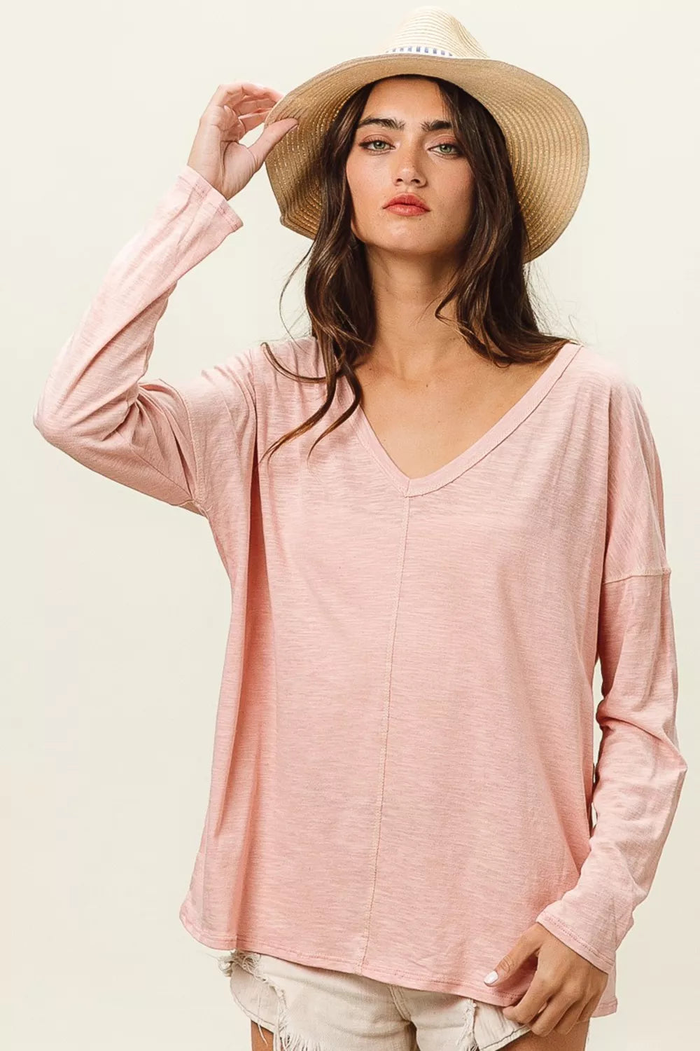 BiBi Exposed Seam V-Neck Long Sleeve T-Shirt BLUSH