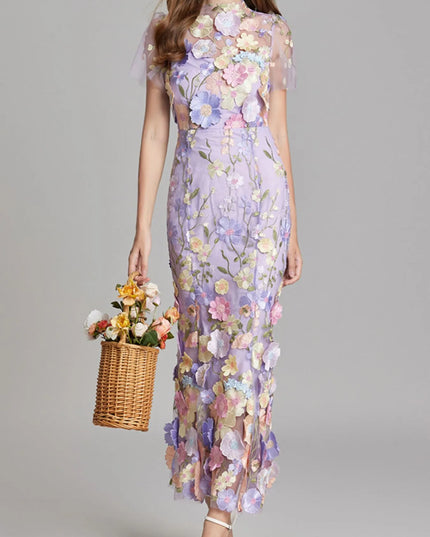 Floral Embroidered Mesh Overlay Maxi Dress Violet