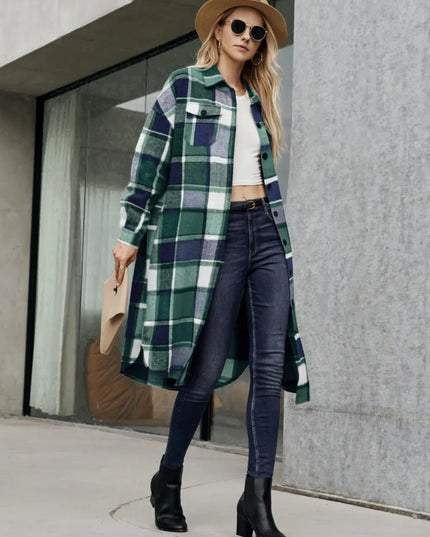 Plaid Pocketed Button Up Trench Coat 
