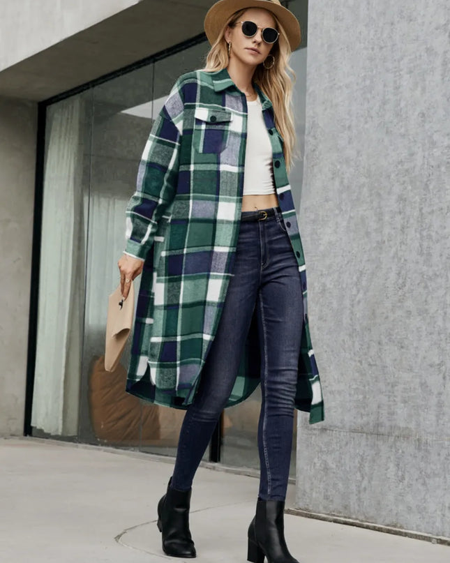Plaid Pocketed Button Up Trench Coat 