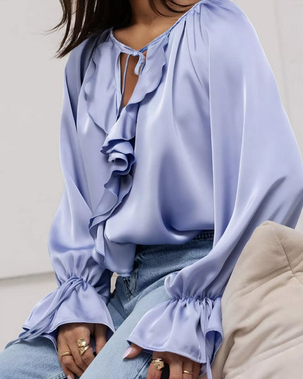 Ruffle Trim Satin Flounce Sleeve Blouse
