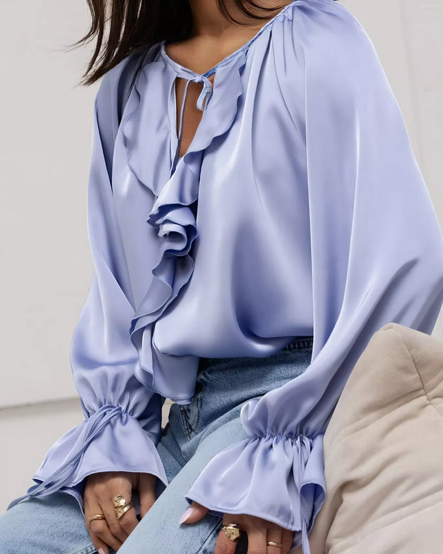 Ruffle Trim Satin Flounce Sleeve Blouse