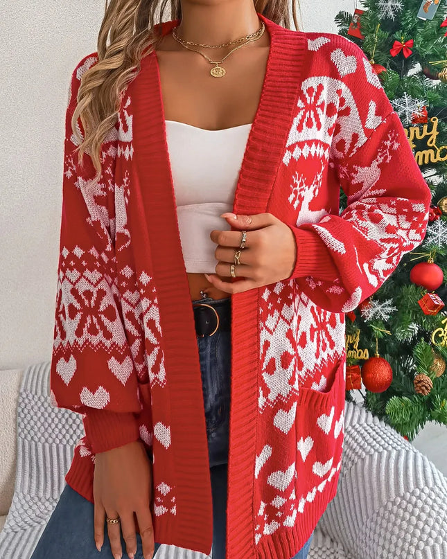 Pocketed Open Front Long Sleeve Cardigan Deep Red