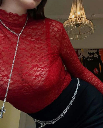 Mock Neck Lace Long Sleeve Mesh T-Shirt