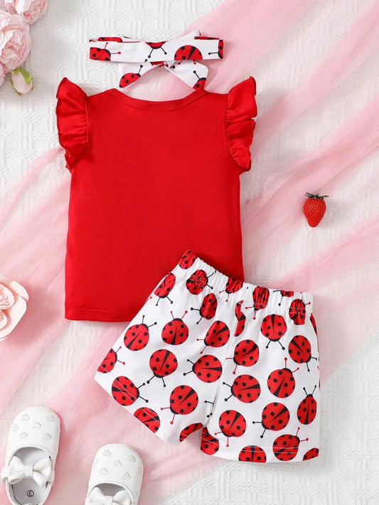 Children's Headband, Round Neck Ruffle Sleeve Top and Pants Set