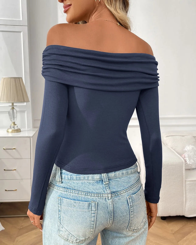 Off-Shoulder Long Sleeve Fitted T-Shirt