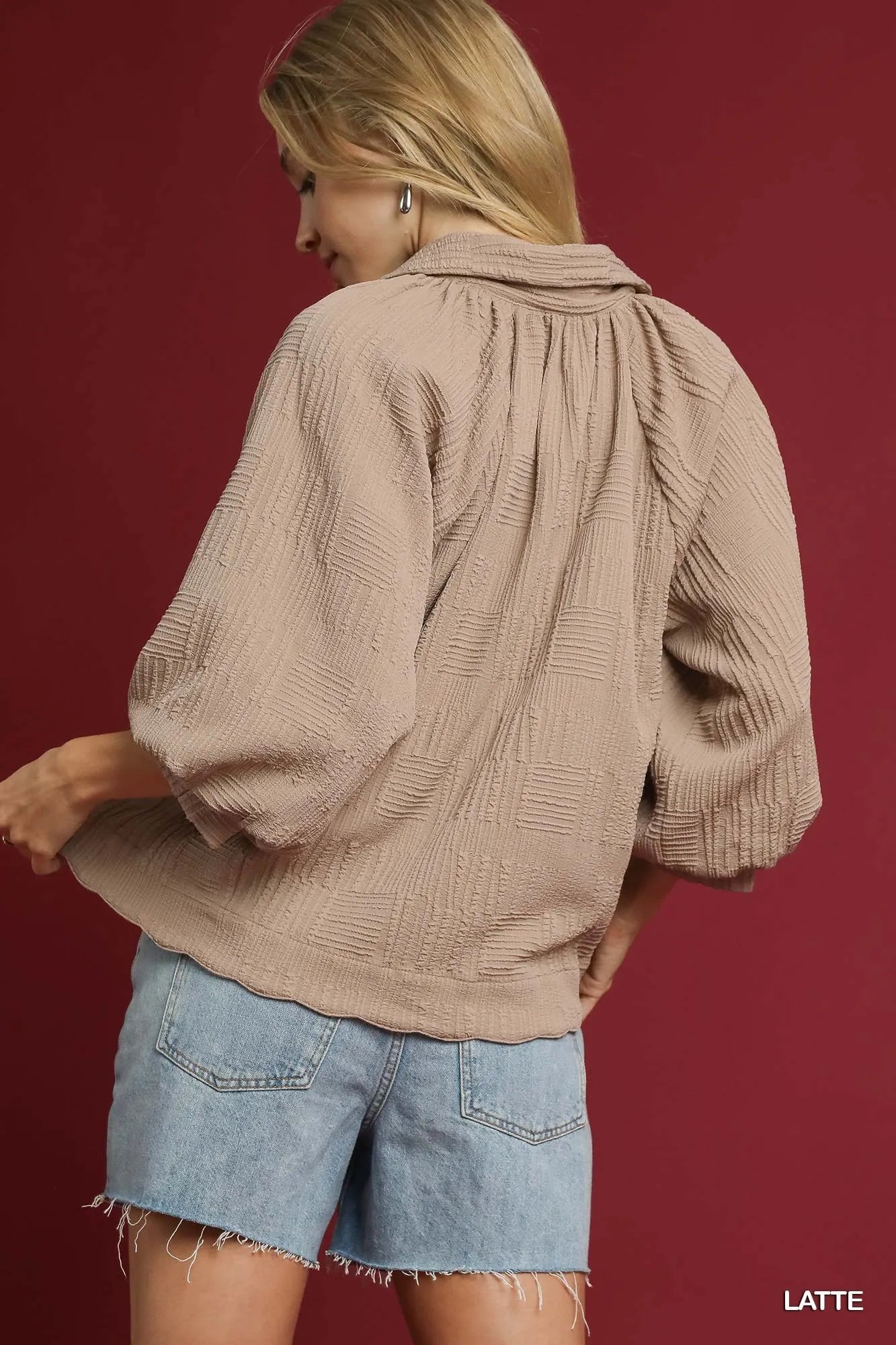 Umgee Oversized Balloon Sleeve Textured Blouse