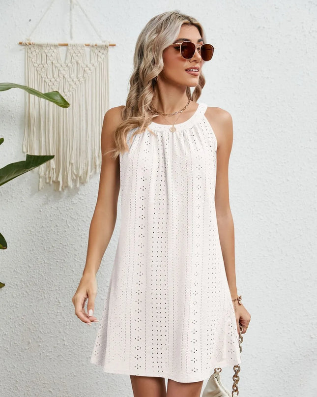 Eyelet Round Neck Sleeveless Dress 