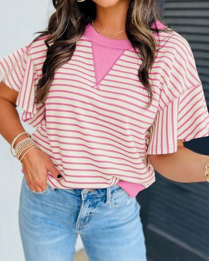 Striped Flounce Sleeve Casual Blouse Dusty Pink