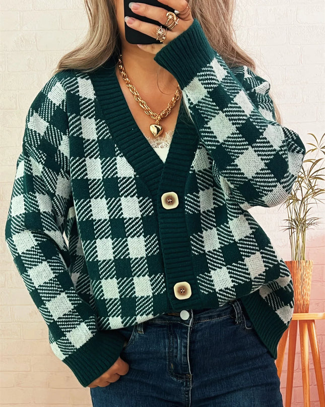 Plaid Button-Down Cardigan Green One Size
