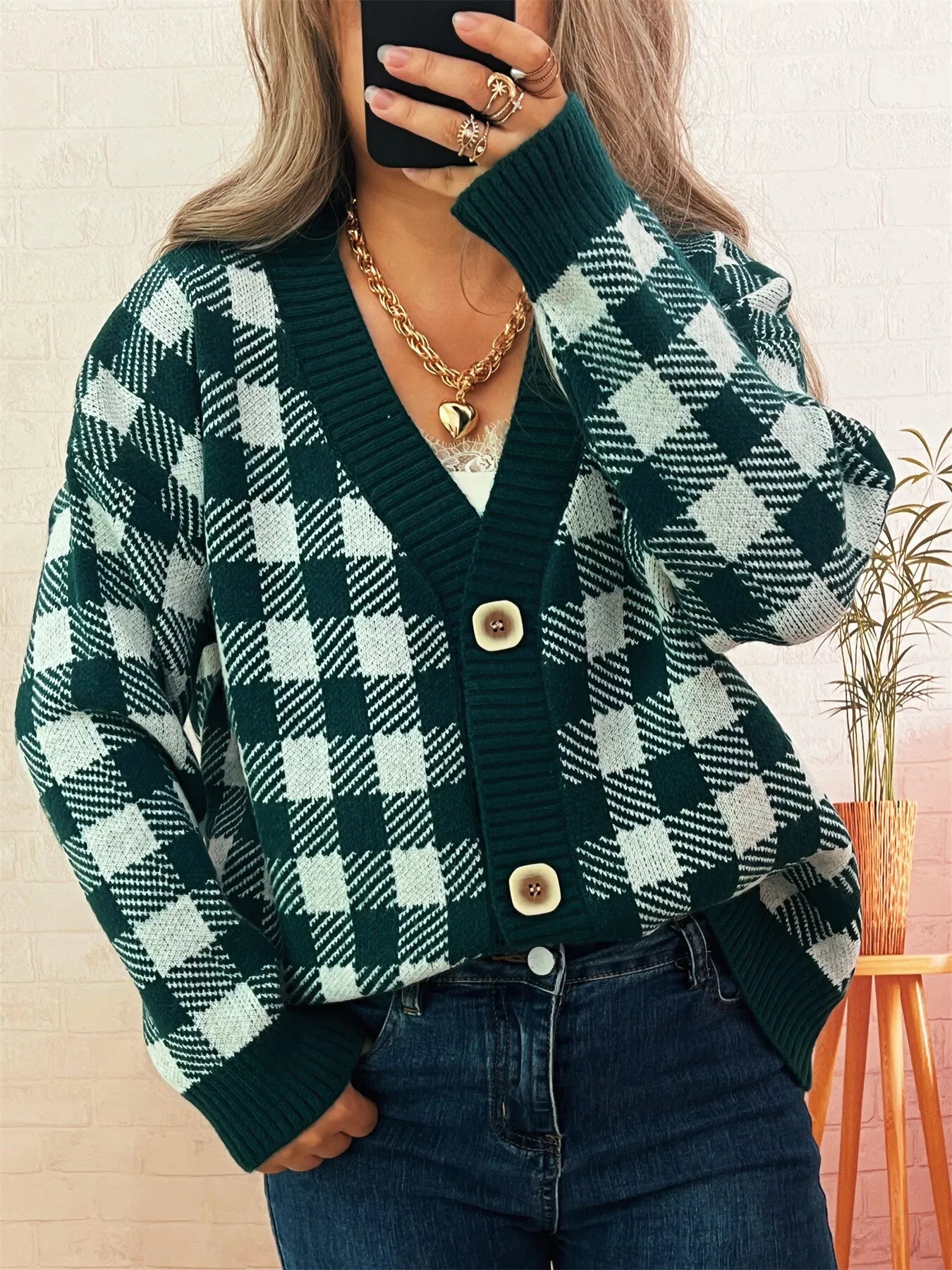 Plaid Button-Down Cardigan Green One Size