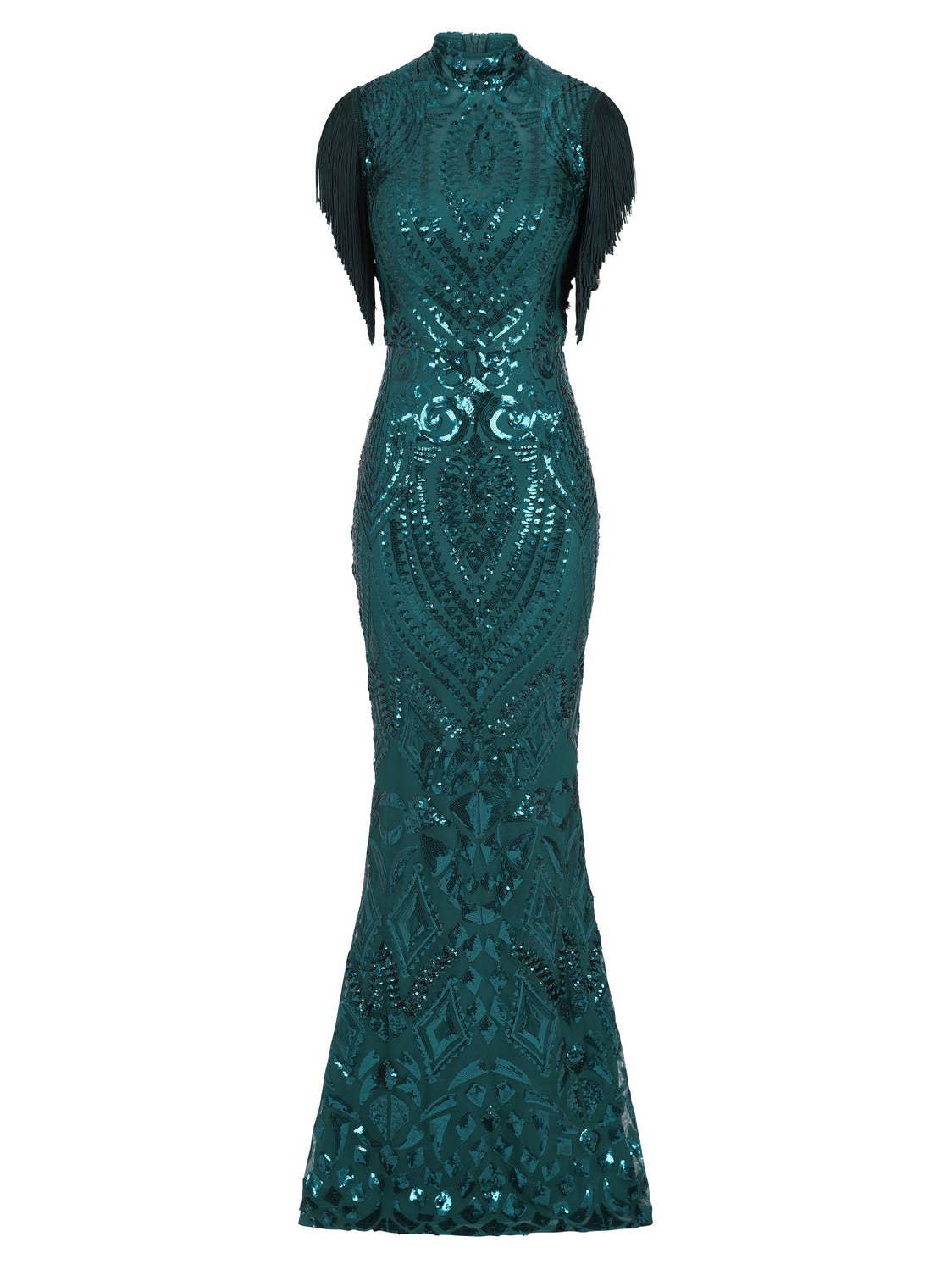Magic Vip Green Luxe Tassel Fringe Sequin Embellished Illusi.