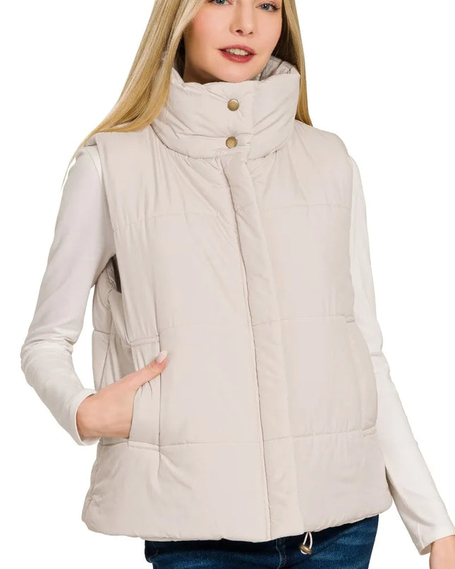 Zenana High Neck Zip-Up Vest Coat SAND BEIGE
