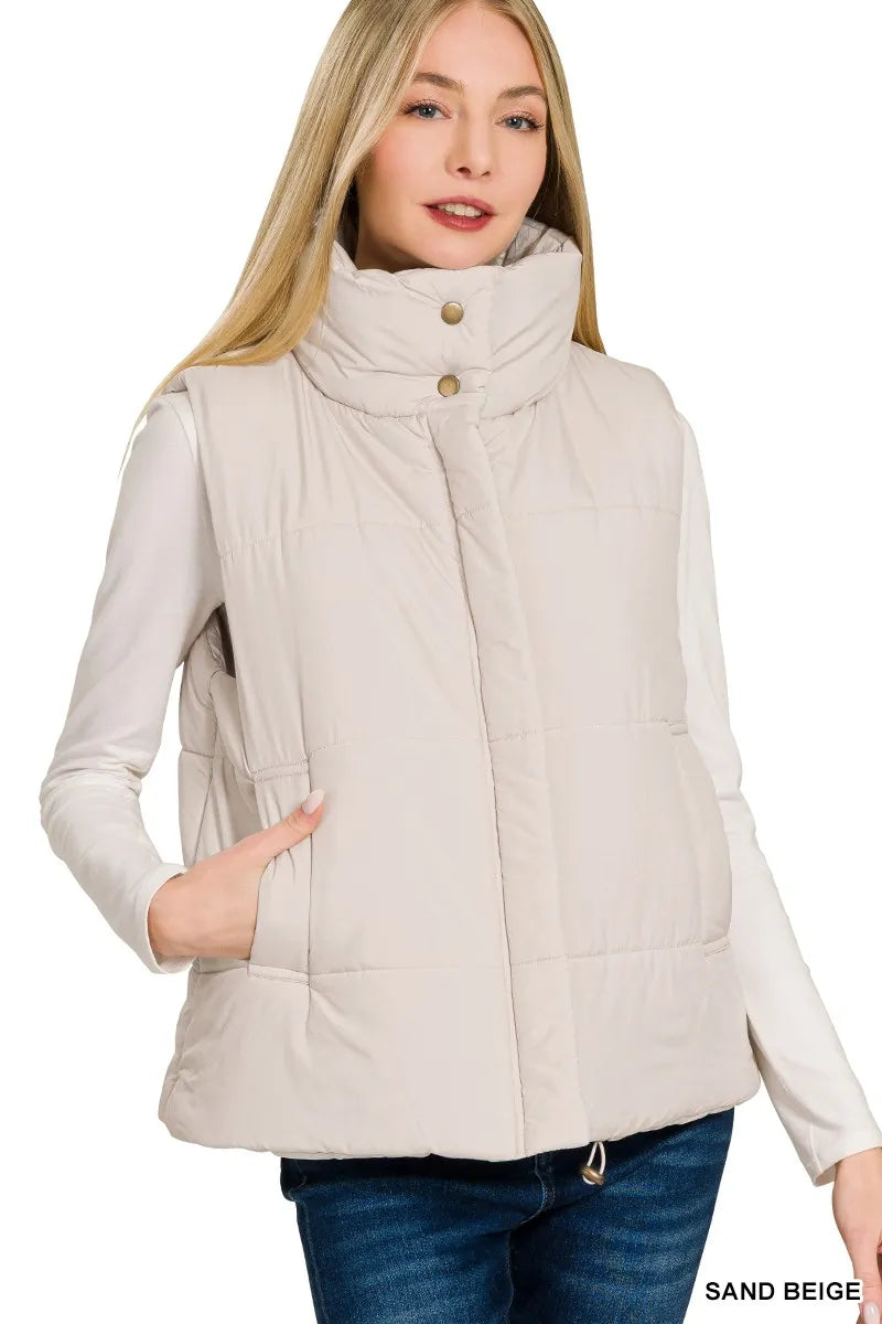 Zenana High Neck Zip-Up Vest Coat SAND BEIGE