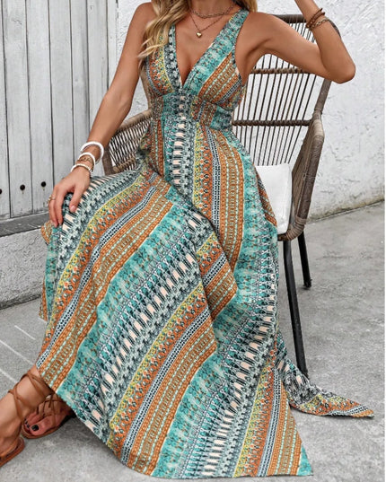 Tied Back Printed Sleeveless Maxi Slit Dress 