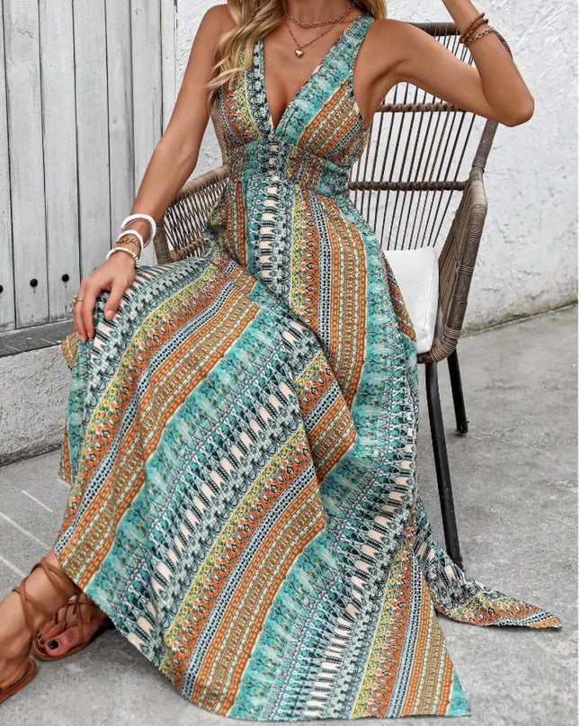 Tied Back Printed Sleeveless Maxi Slit Dress 