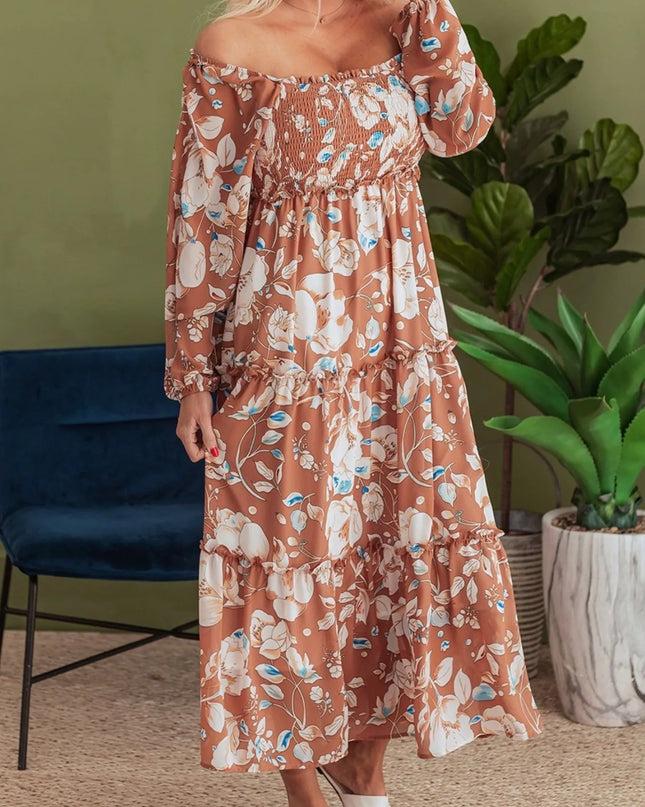 Smocked Printed Long Sleeve Tiered Dress