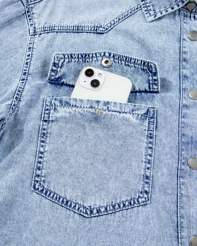 Chest Pocket Raw Hem Denim Loose Shirt Dress
