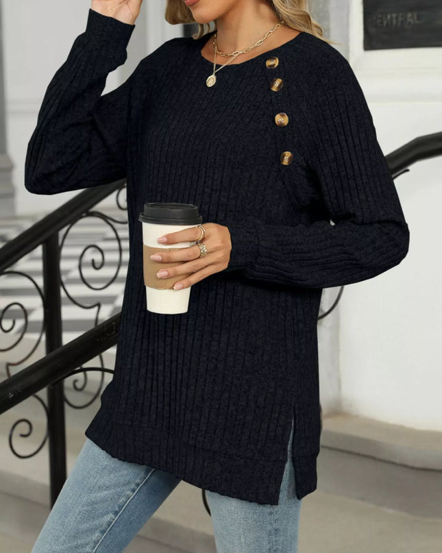 Ribbed Round Neck Long Sleeve T-Shirt Black