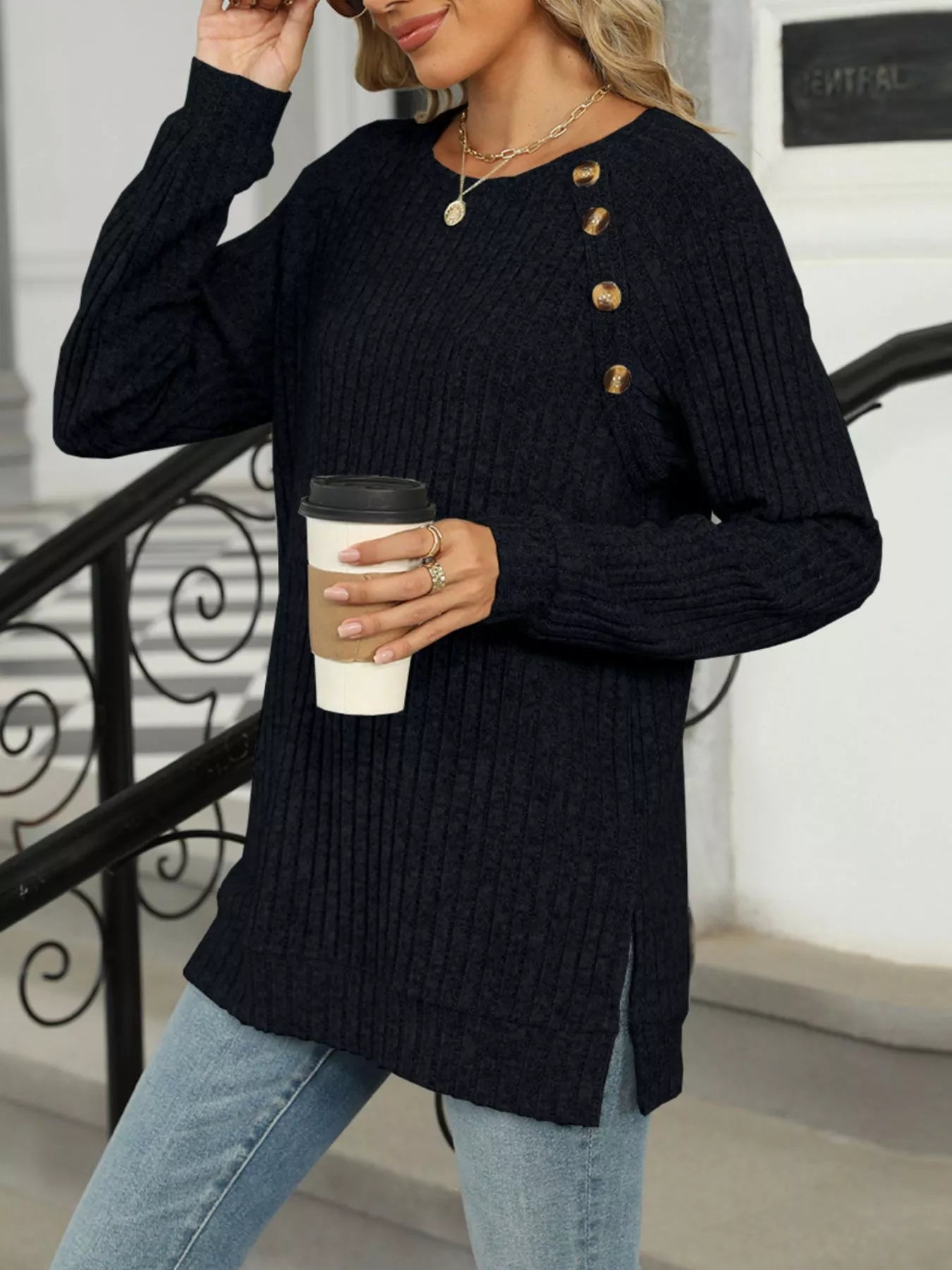 Ribbed Round Neck Long Sleeve T-Shirt Black