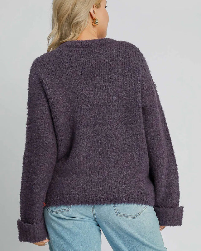 Umgee Full Size Round Neck Long Sleeve Boucle Sweater Plus Size
