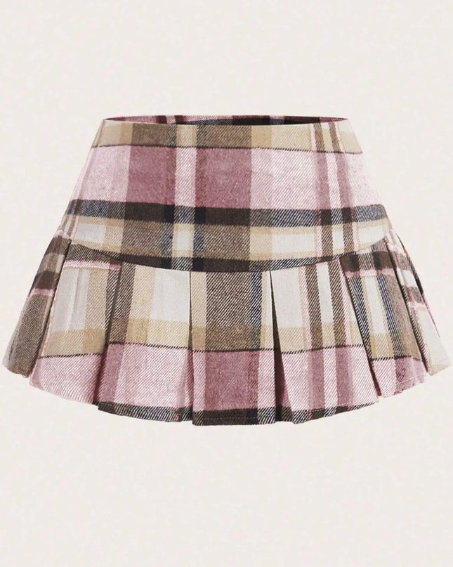 Pleated Plaid Mini Skirt Grid