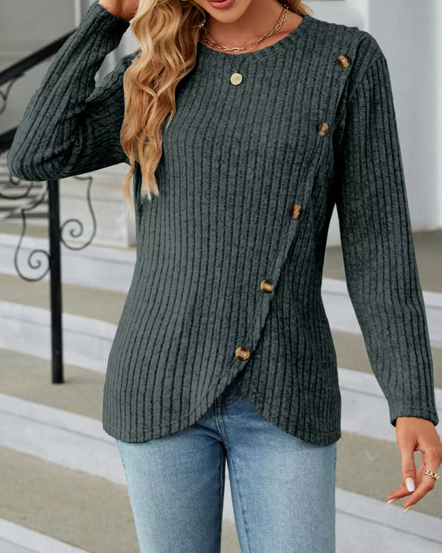 Ribbed Knit Decor Button T-Shirt