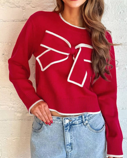 Contrast Trim Bow Accent Holiday Cropped Sweater