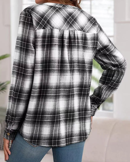 Plaid Half Button Long Sleeve Blouse