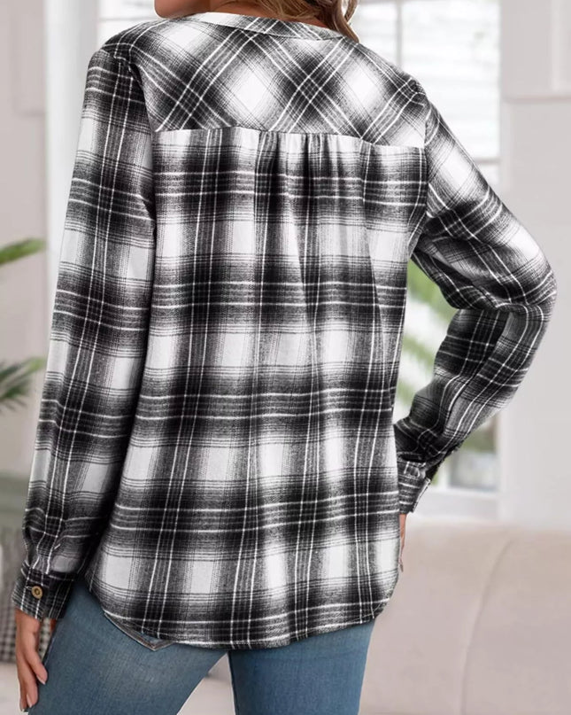 Plaid Half Button Long Sleeve Blouse