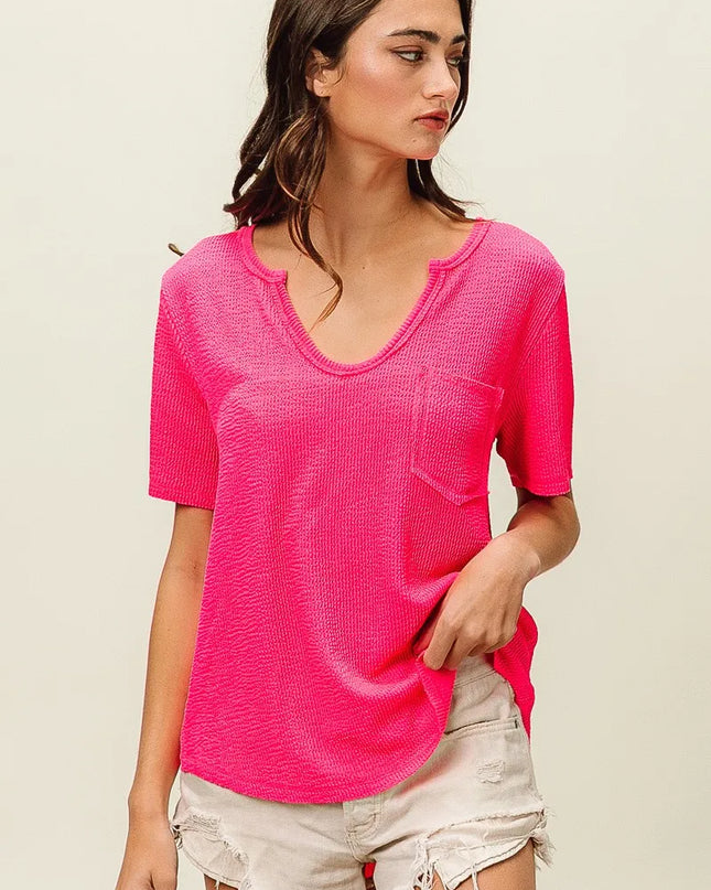 BiBi Waved Rib U Neck Top With Front Pocket