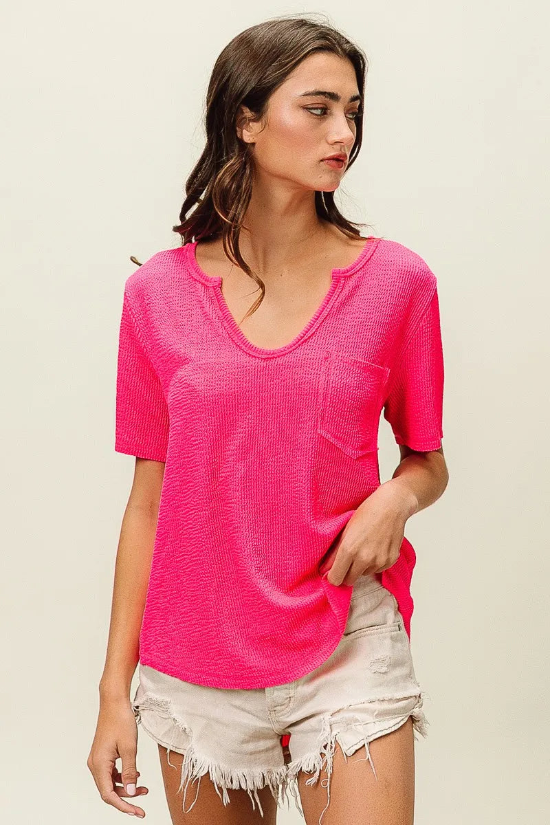 BiBi Waved Rib U Neck Top With Front Pocket