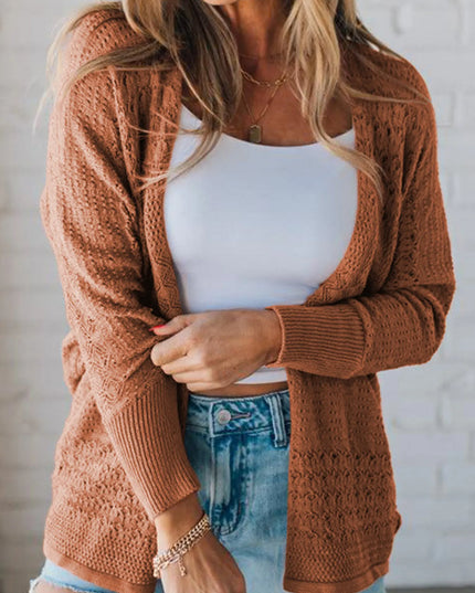 Open Front Knitted Cardigan with Eyelet Details Caramel