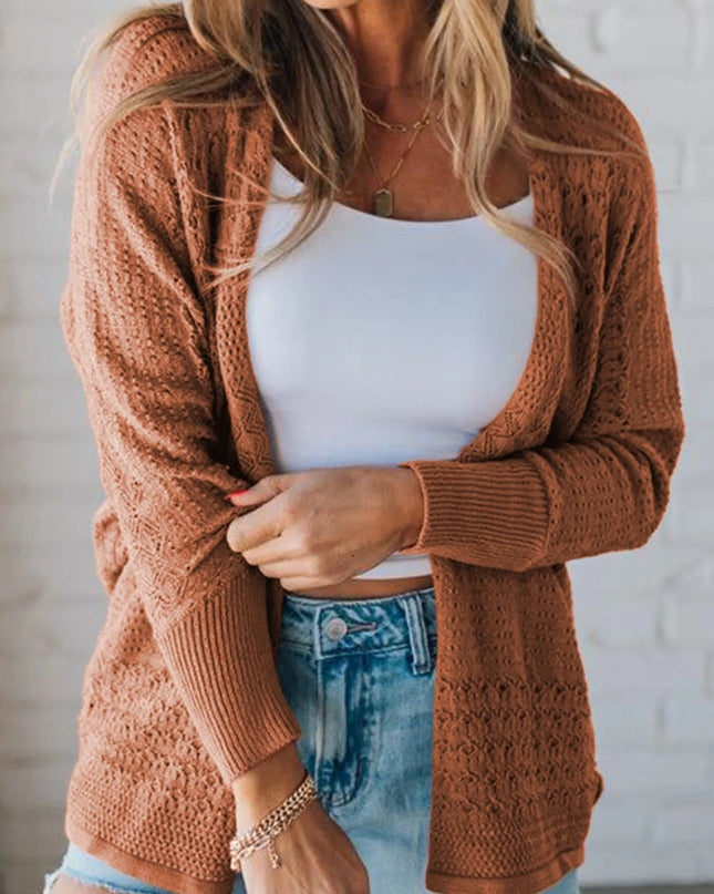 Open Front Knitted Cardigan with Eyelet Details Caramel