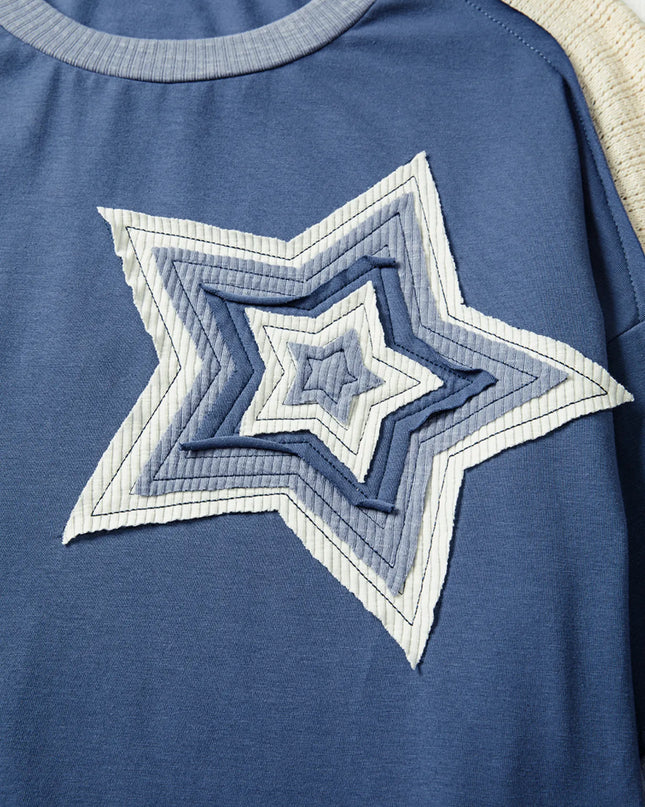 Contrast Knitted Colorblock Star Patchwork Oversize Long Sleeve Top