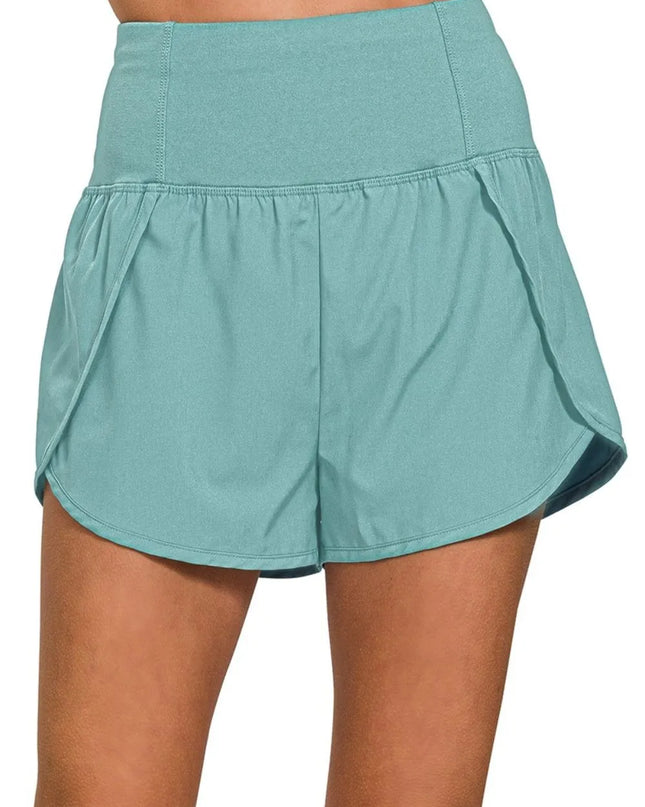 Zenana High Waisted Zippered Back Pocket Running Shorts DUSTY TEAL