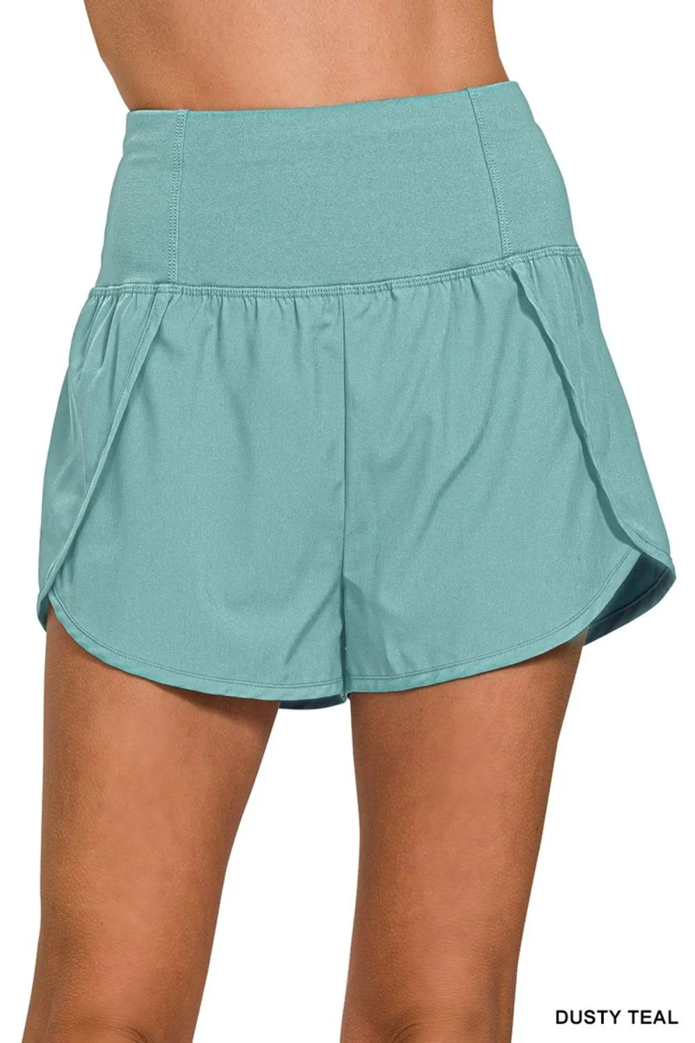Zenana High Waisted Zippered Back Pocket Running Shorts DUSTY TEAL