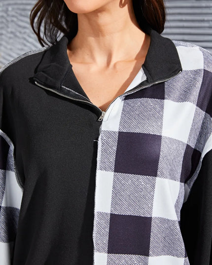 Plaid Exposed Seam Long Sleeve Blouse
