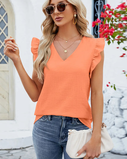 Ruffled V-Neck Cap Sleeve Blouse 