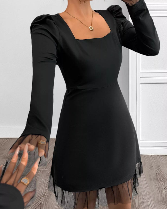 Square Neck Puff Sleeve Mesh Hem Dress