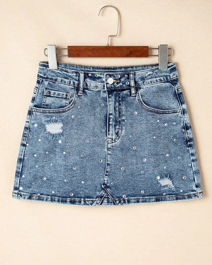 Rhinestone Distressed Denim Mini Skirt 
