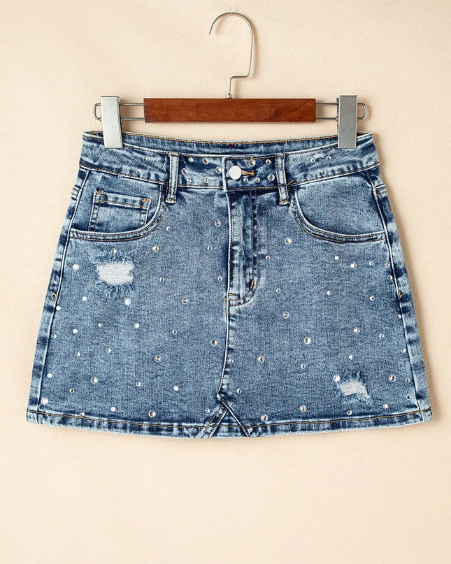 Rhinestone Distressed Denim Mini Skirt 