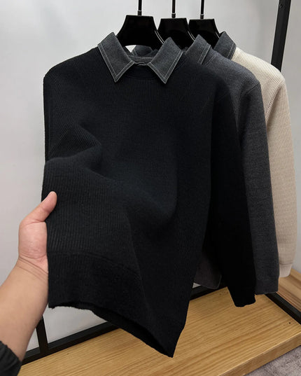 Men's Plus Size Ribbed Knit Collared Neck Sweater Velvet Black